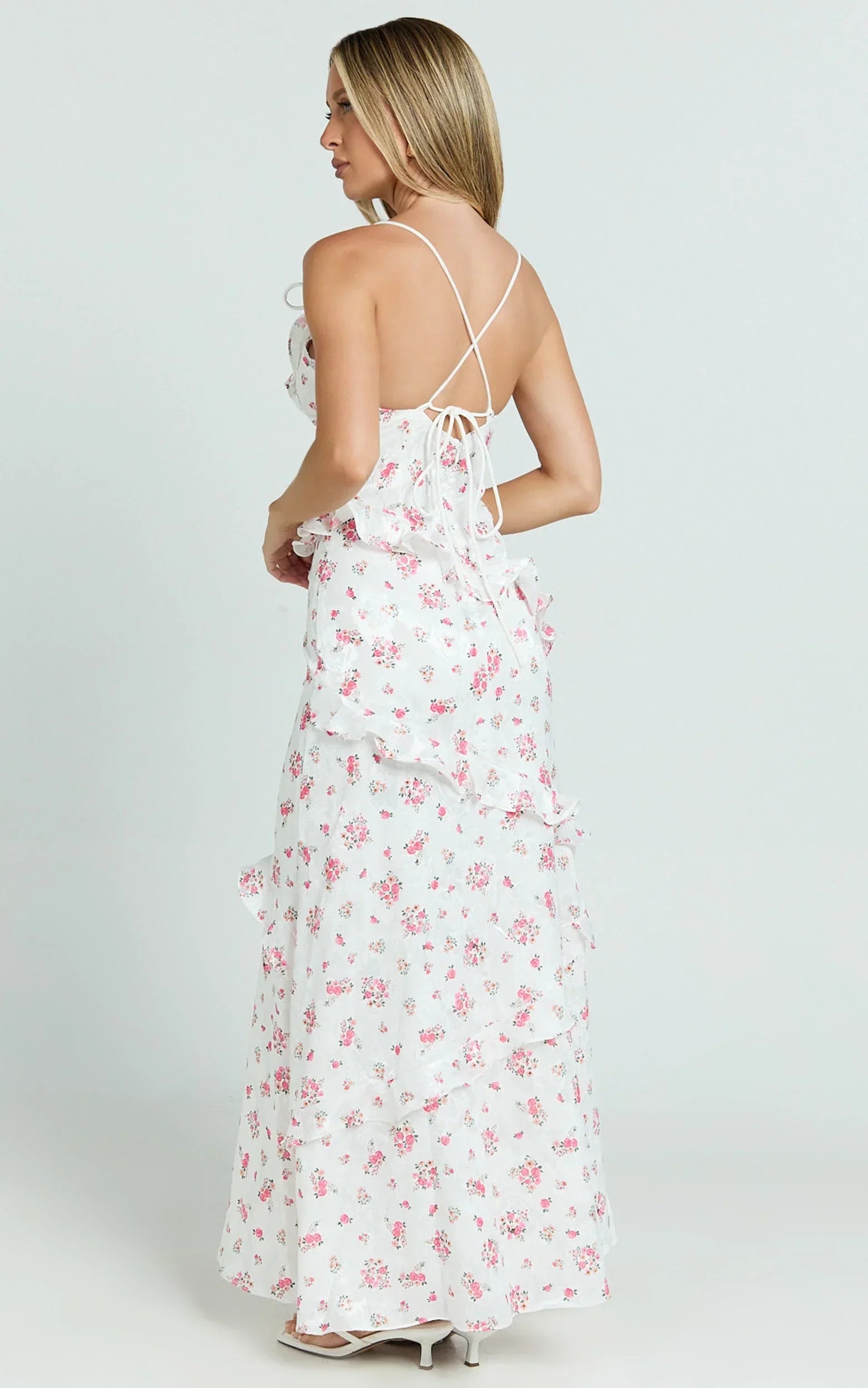 Justine Maxi Dress - Jacquard V Neck Ruffle Tiered  Dress in Romantic Ditsy Print