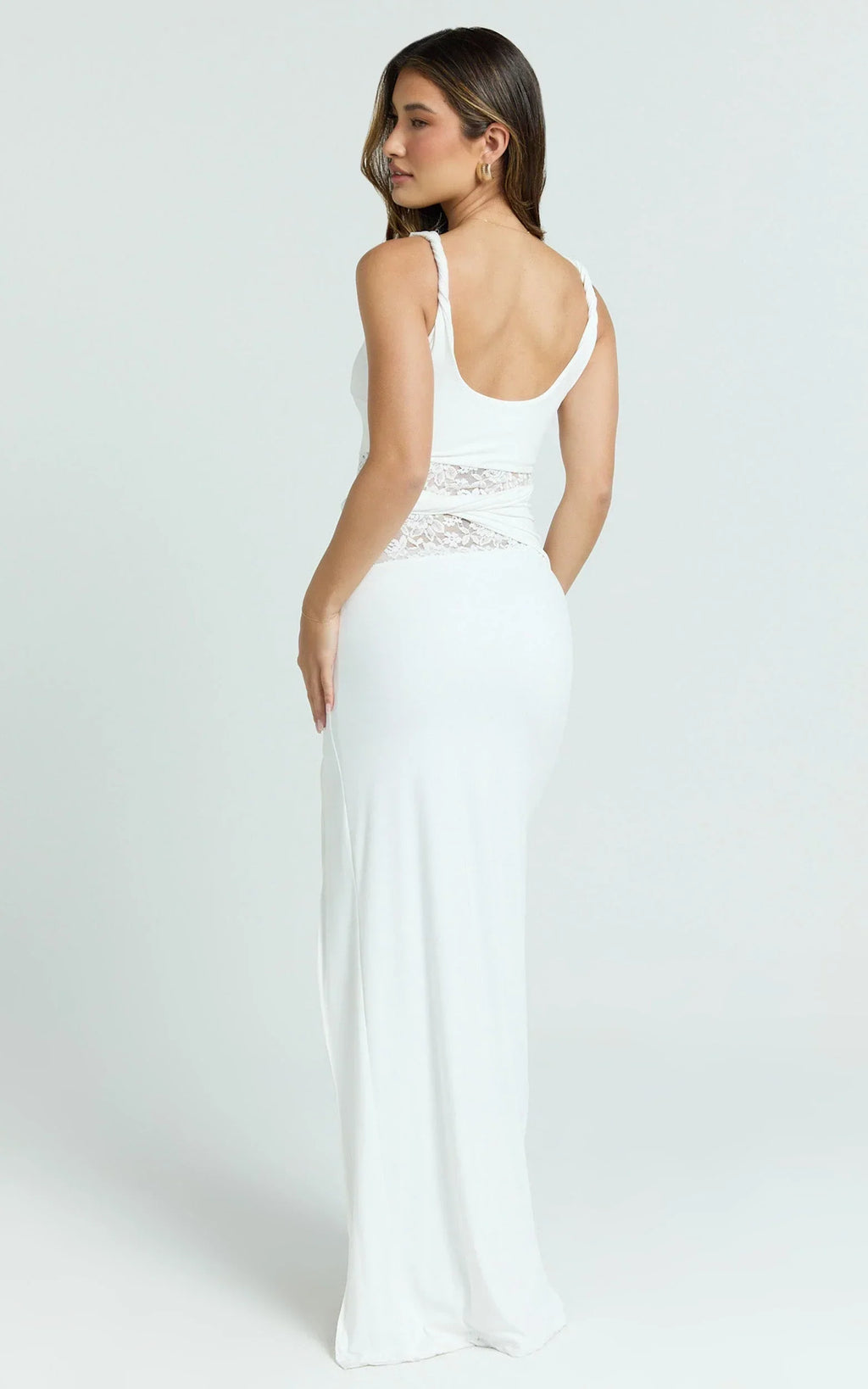 Alberta Maxi Dress - Spliced Sheer Lace Column Dress in White