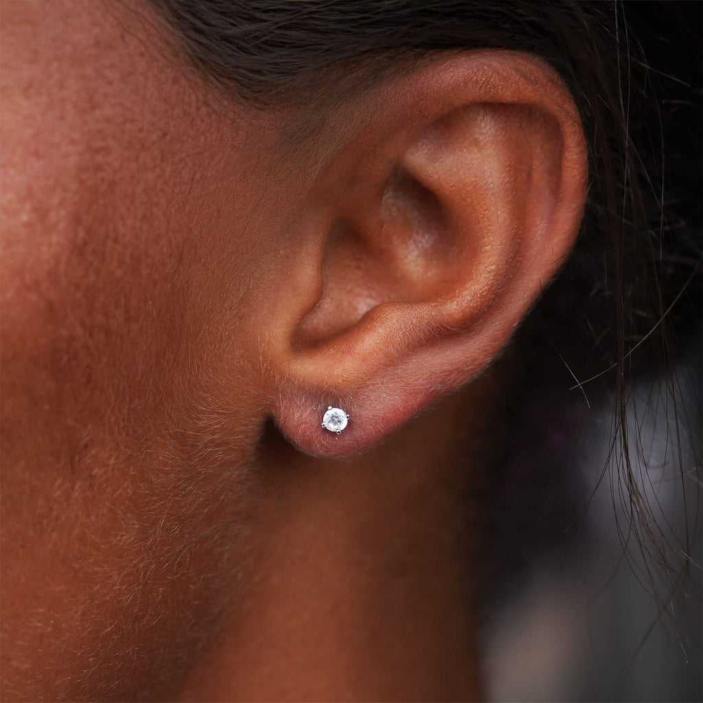 GLD Women Round Cut Stud Earring in White Gold - 3MM
