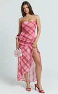 Pascal Midi Dress - Mesh Spaghetti Strap Split Dress in Cherry Check Print