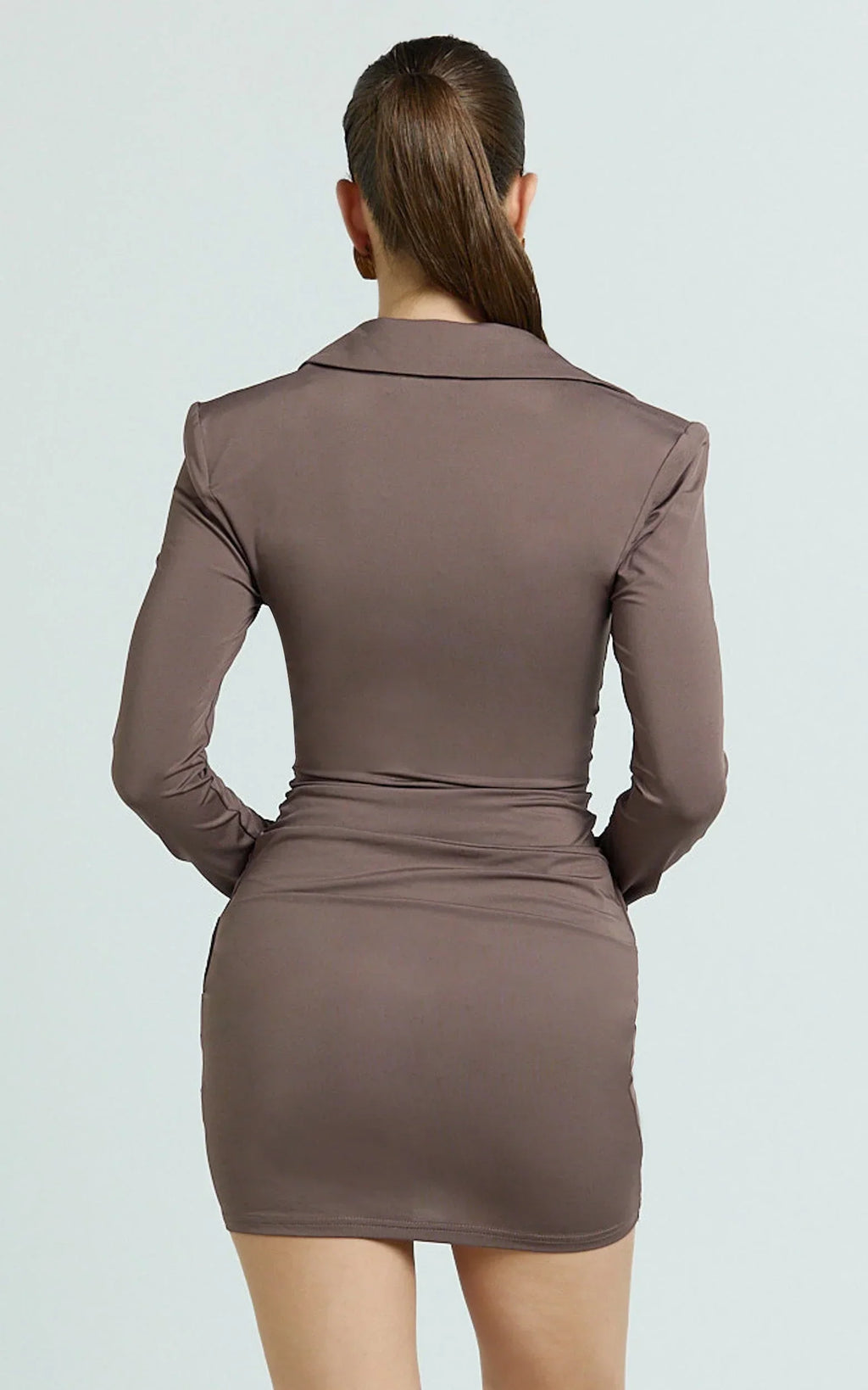 Heath Mini Dress - Concealed Placket Drape Gather Skirt Overlay Dress in Brown