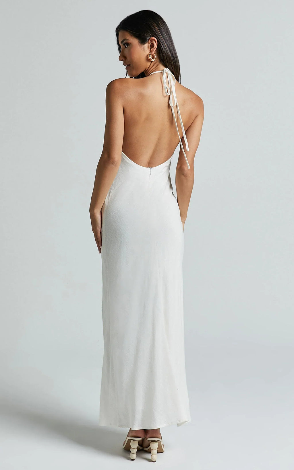 Cyrena Maxi Dress - Linen Halter Neck Sleeveless Slip Dress in Off White