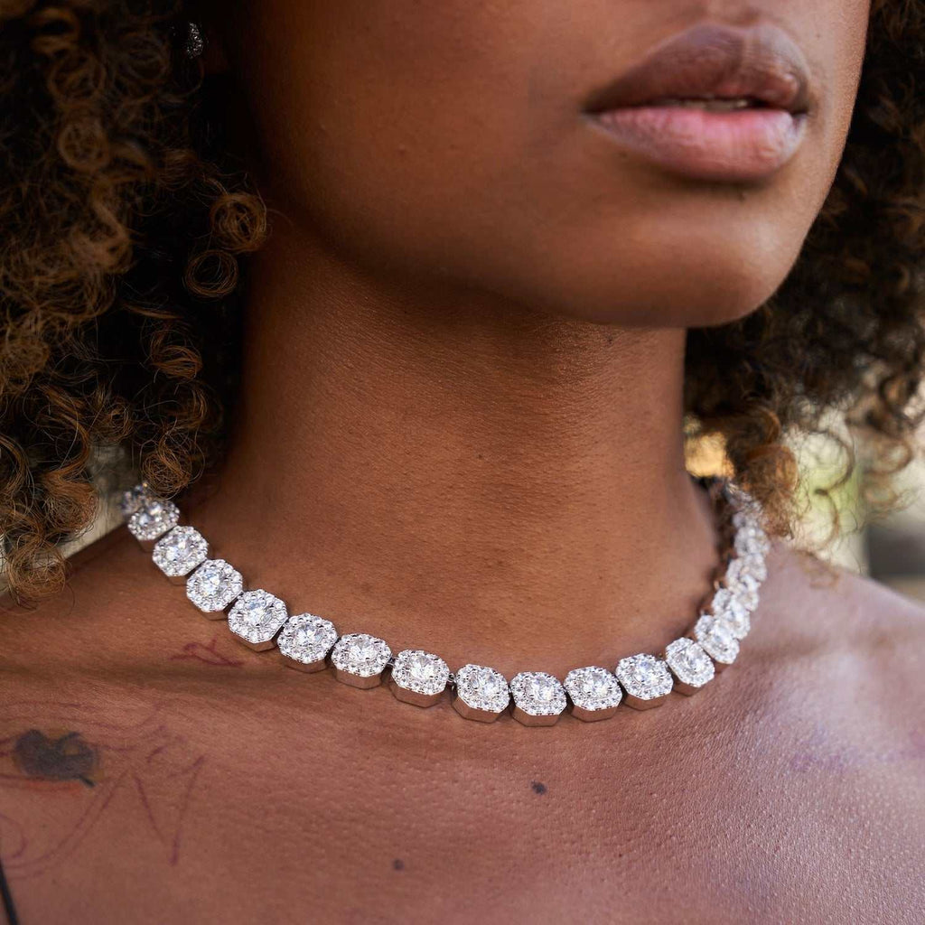 GLD Women Clustered Tennis Necklace in White Gold- 12mm