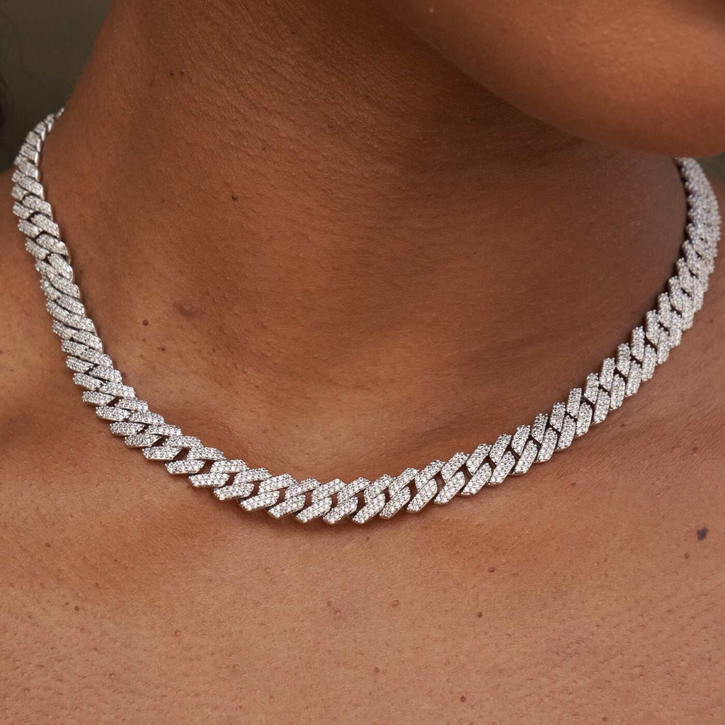 GLD Women 8.5mm Diamond Prong Cuban Necklace - White Gold