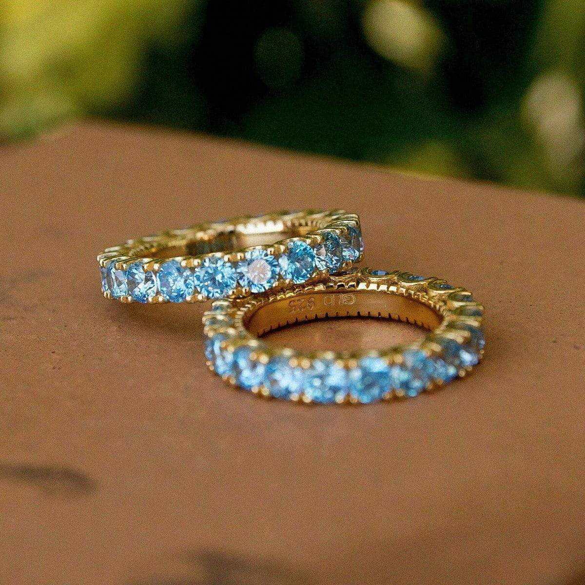 GLD PROMO - WOMEN 4mm Single Layer Diamond Band Ring w/ Blue Stones - Yellow Gold Vermeil
