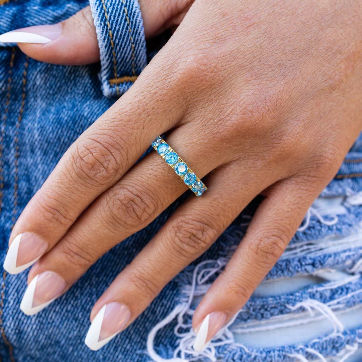 GLD PROMO - WOMEN 4mm Single Layer Diamond Band Ring w/ Blue Stones - Yellow Gold Vermeil