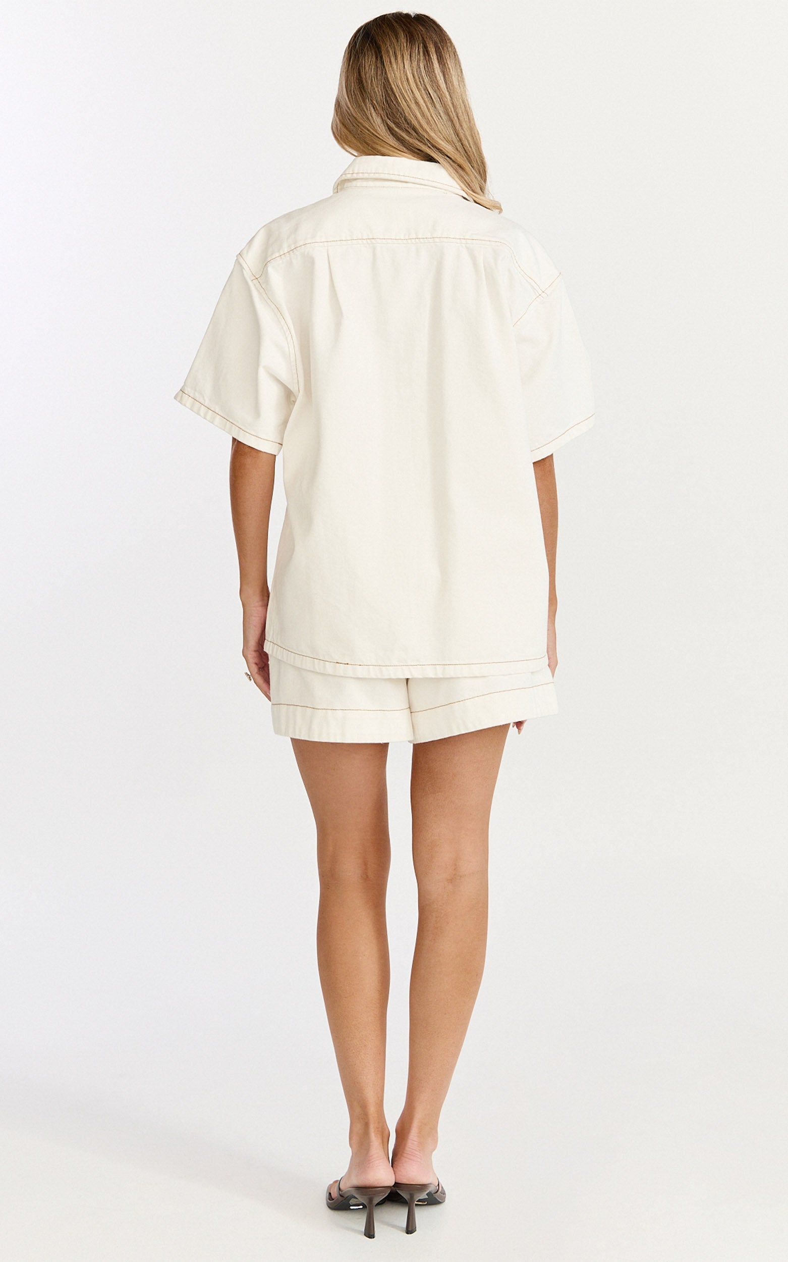 Iris Top - Oversized Recycled Denim Short Sleeve Shirt in Ecru with Contrast Tobacco Stitch