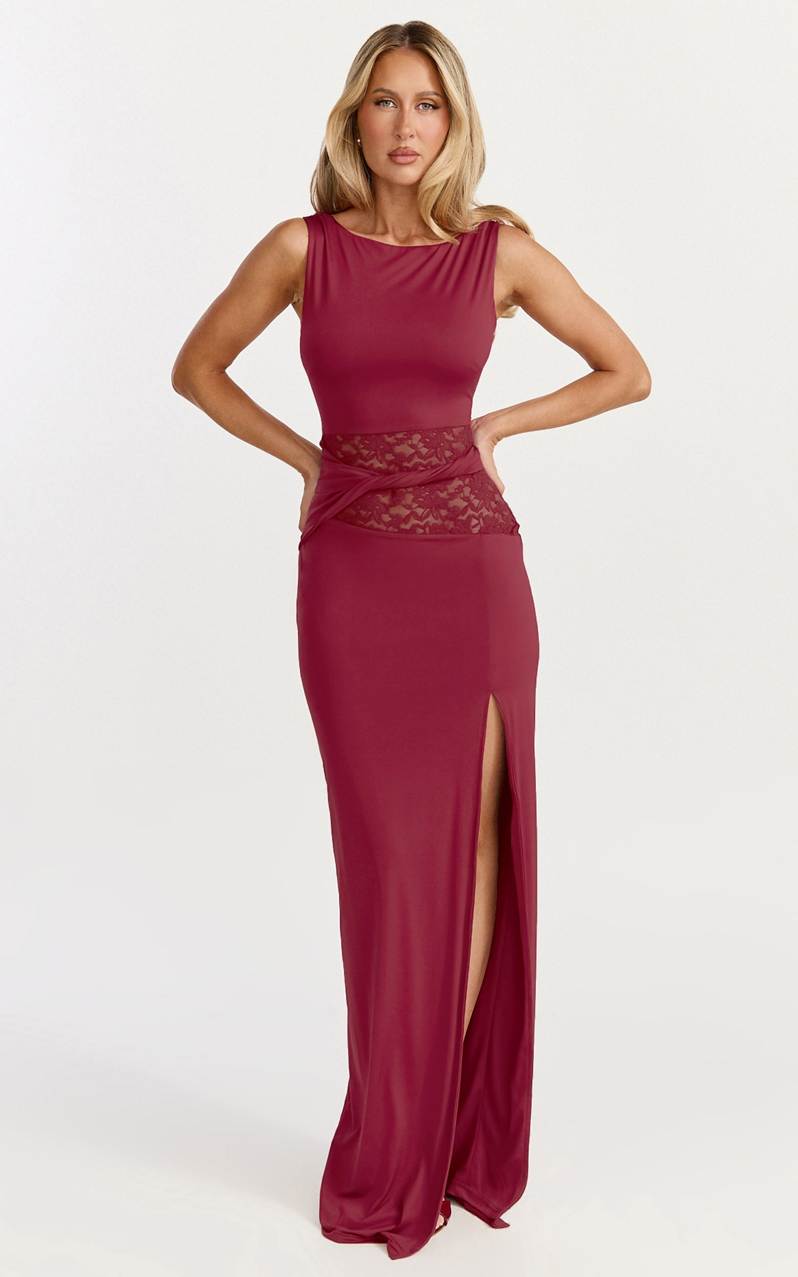 Alberta Maxi Dress - Spliced Sheer Lace Column Dress in Wine