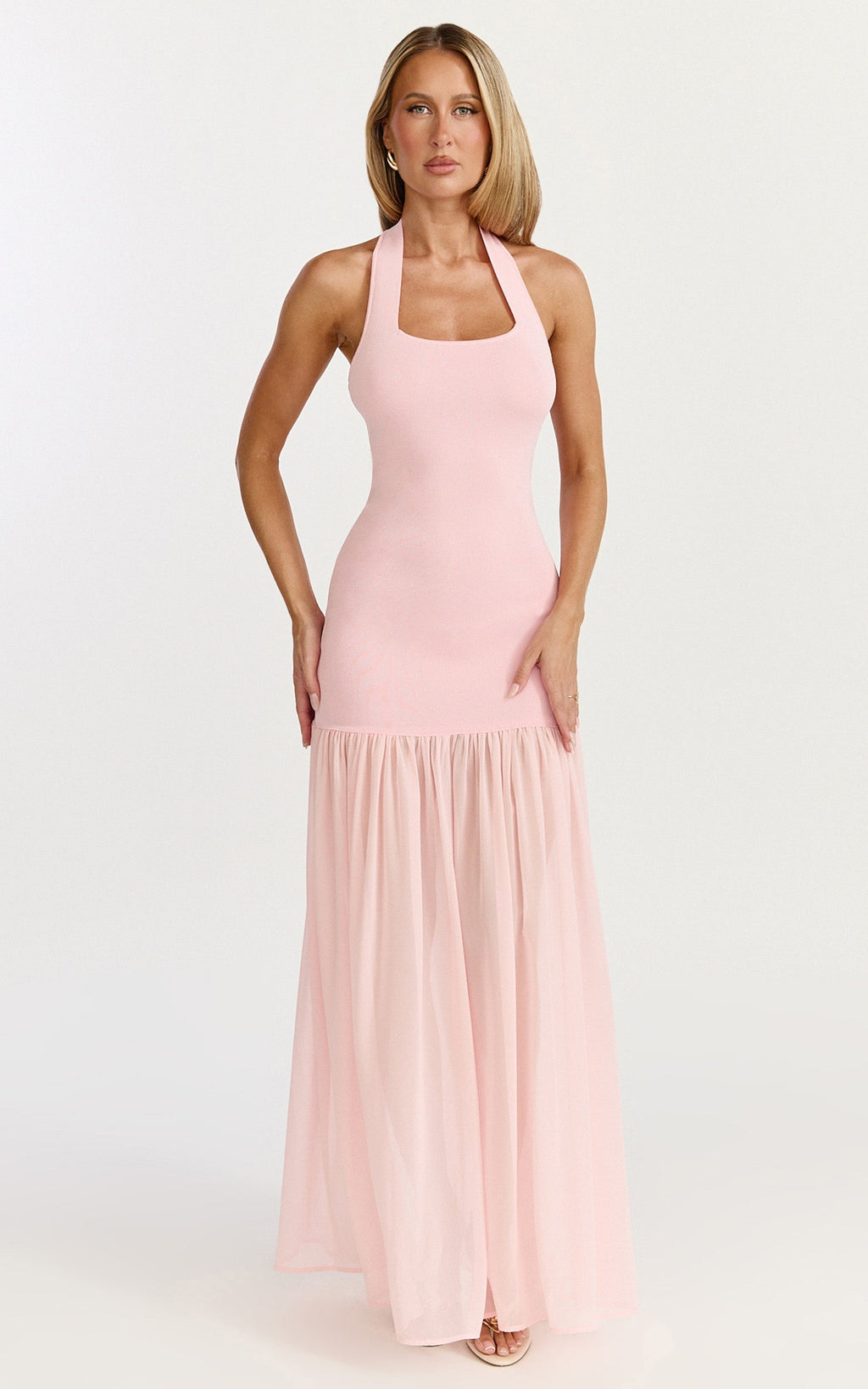 Barbara Maxi Dress - Halter Scoop Neck Contrast Georgette Dress in Pink