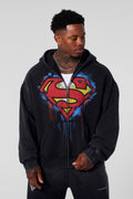 5011 - Superman Drip Zip-Ups - Hoodie iwith a bold paint-style Superman logo on the front, combining streetwear and superhero style in Black Wash.