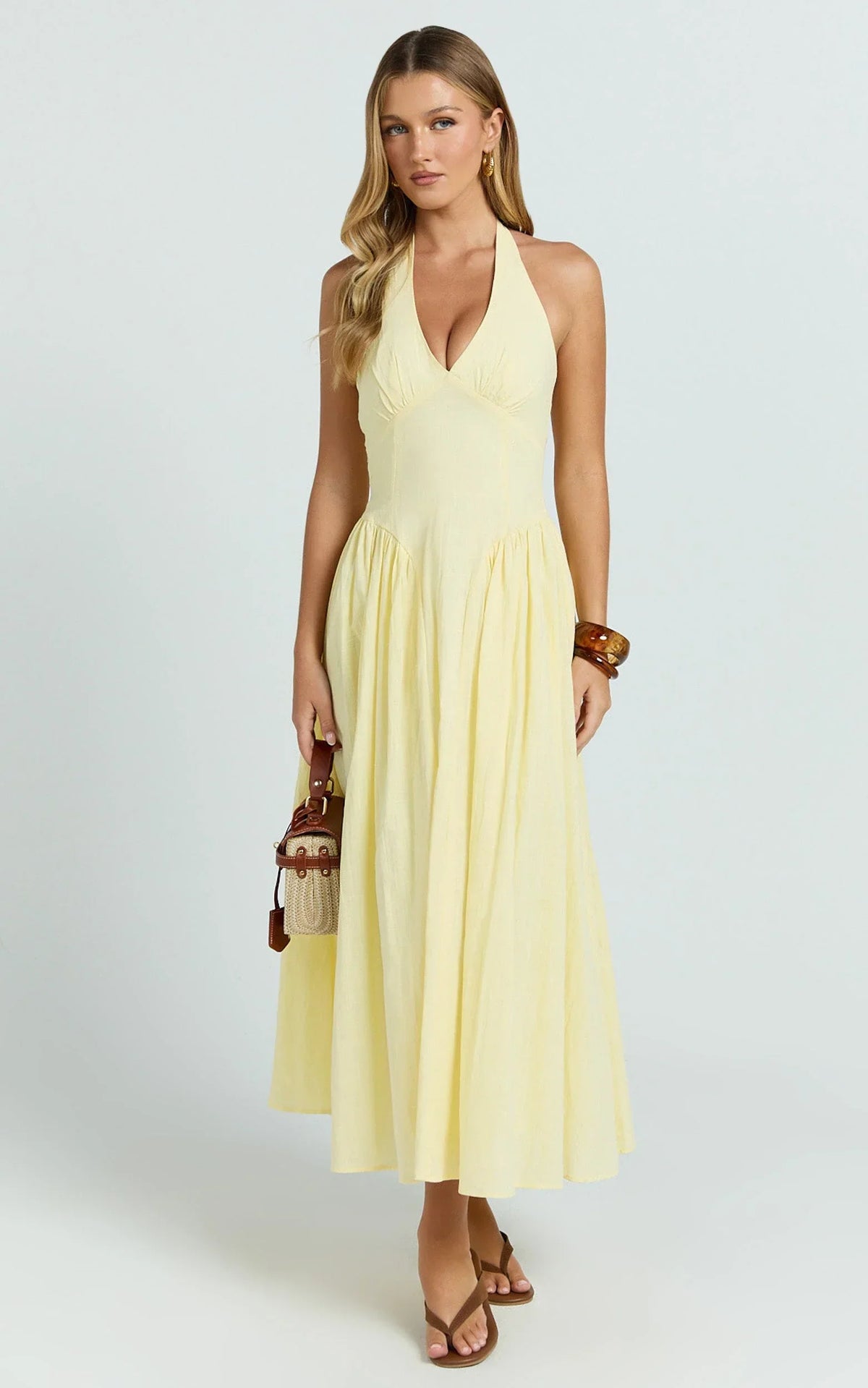 Athena Midi Dress - Halter Drop Waist Dress in Lemon