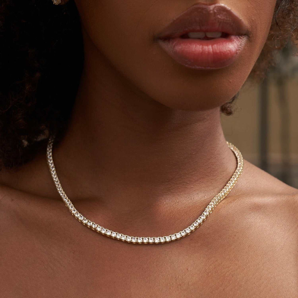 GLD Women Diamond Cross Pendant + Diamond Tennis Necklace in White or Yellow Gold - 3mm