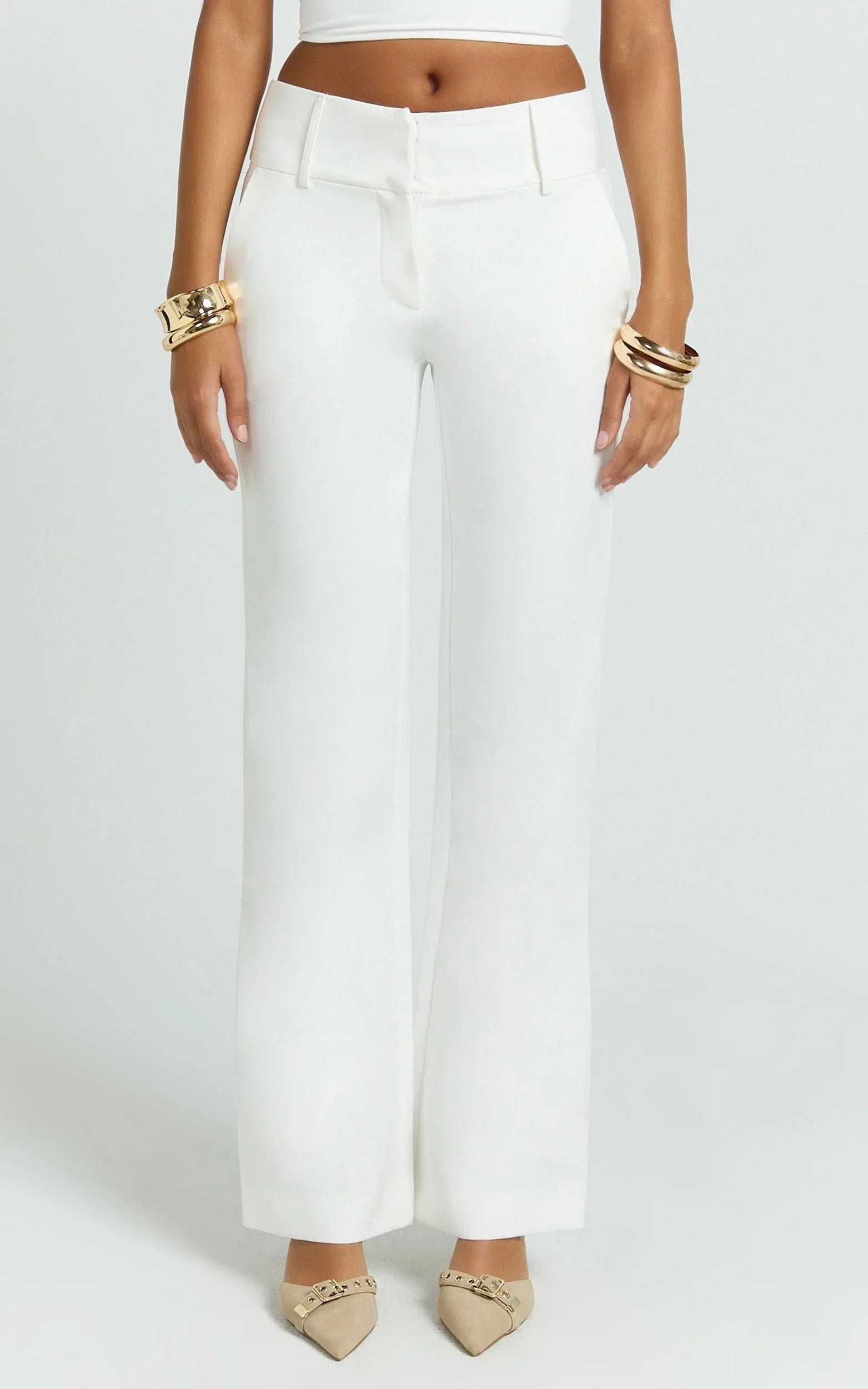 Elliot Pants - Mid Rise Pinstripe Bootleg Pants in Cream Plain