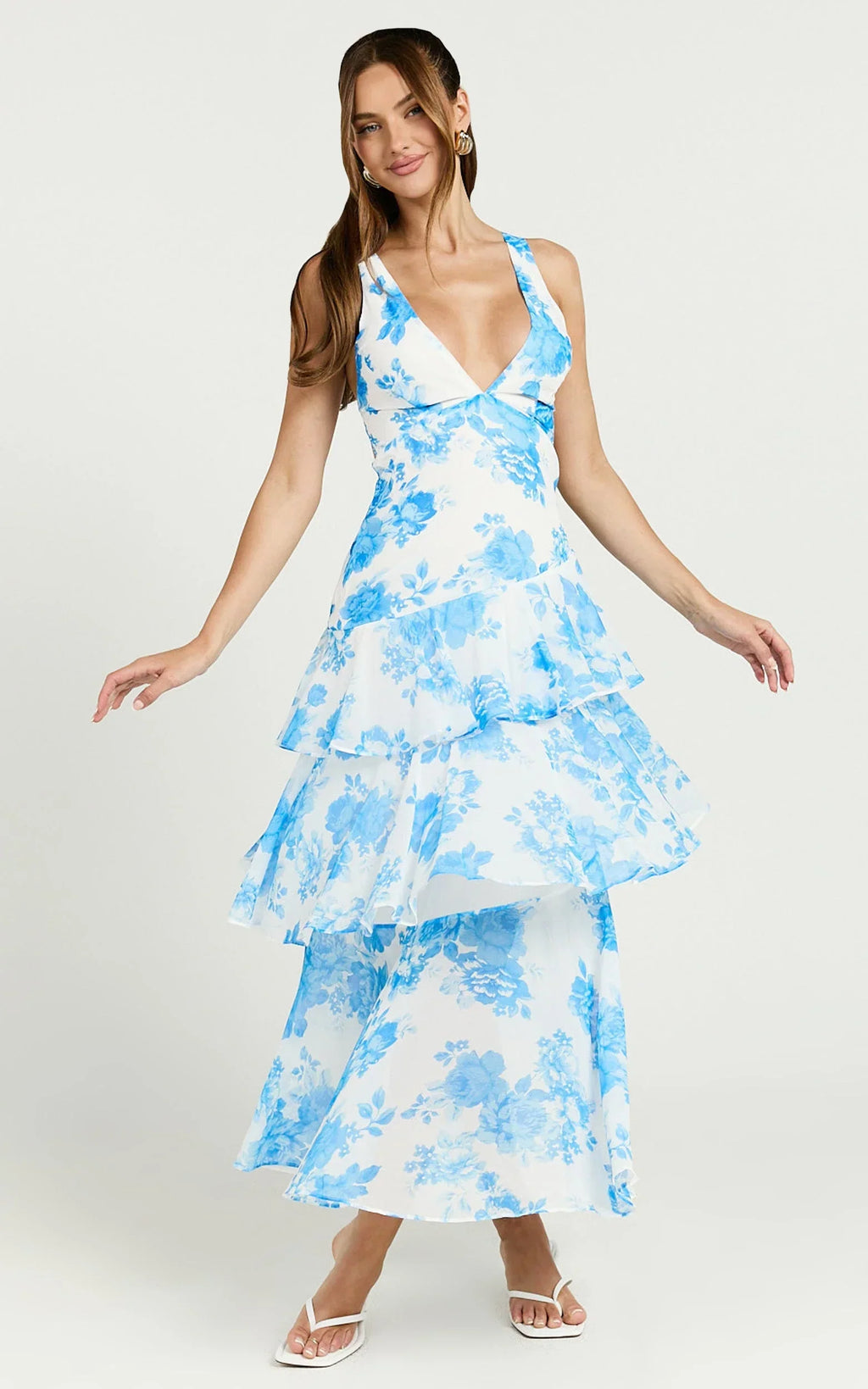 Beryl Midi Dress - Deep V Neck Sleeveless Layered Dress in Blue Floral