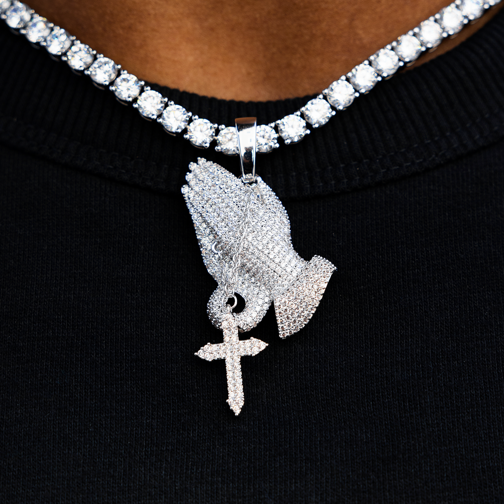 GLD Men Iced Praying Hands with Cross Pendant in White Gold