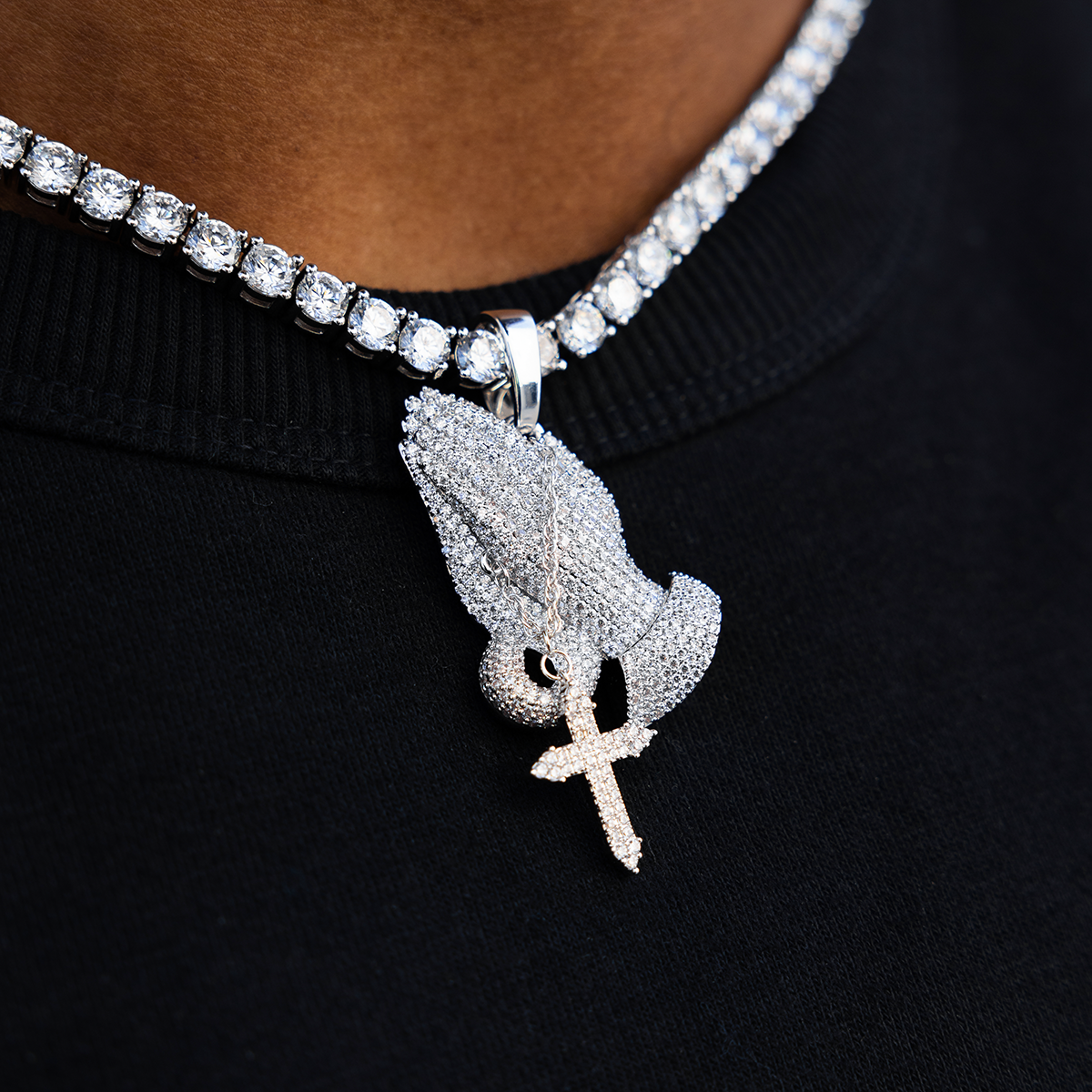 GLD Men Iced Praying Hands with Cross Pendant in White Gold