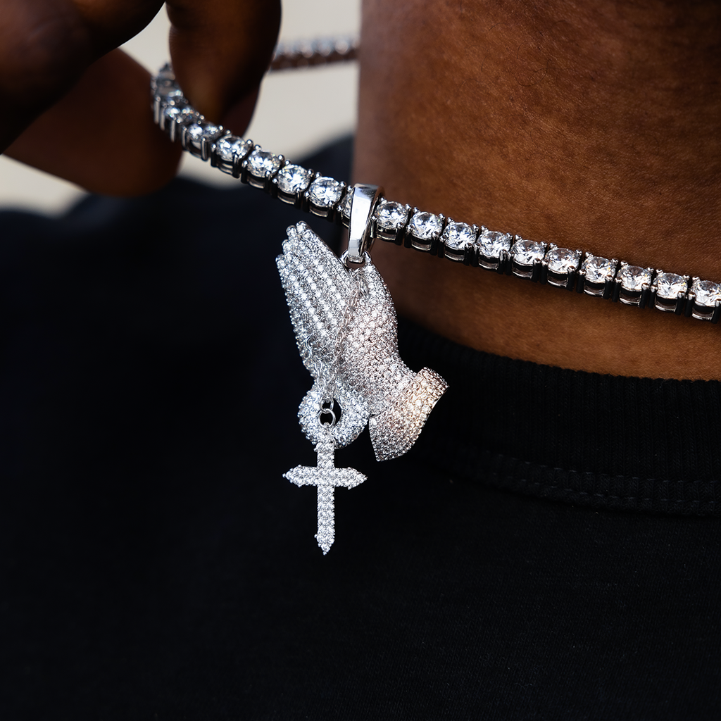 GLD Men Iced Praying Hands with Cross Pendant in White Gold
