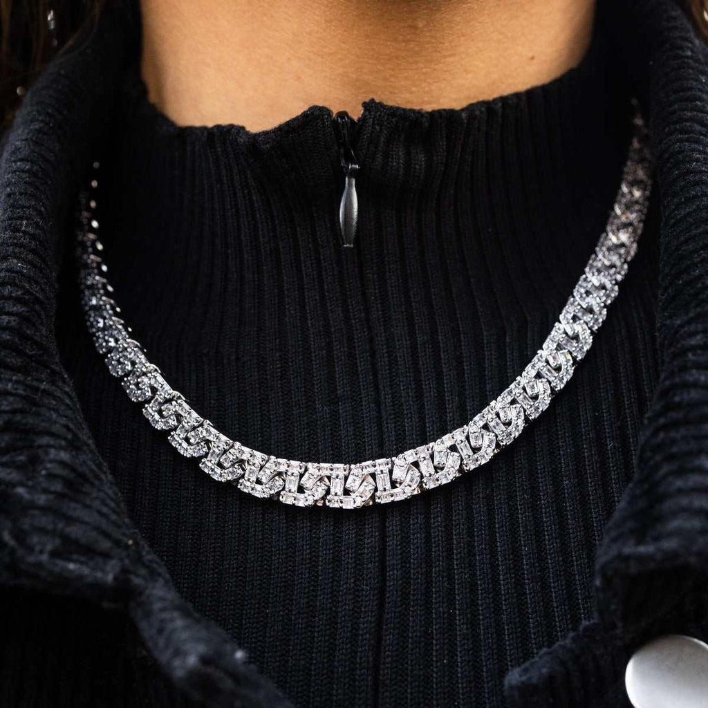 GLD PROMO - WOMEN Baguette Chain Link Necklace in White Gold- 8mm