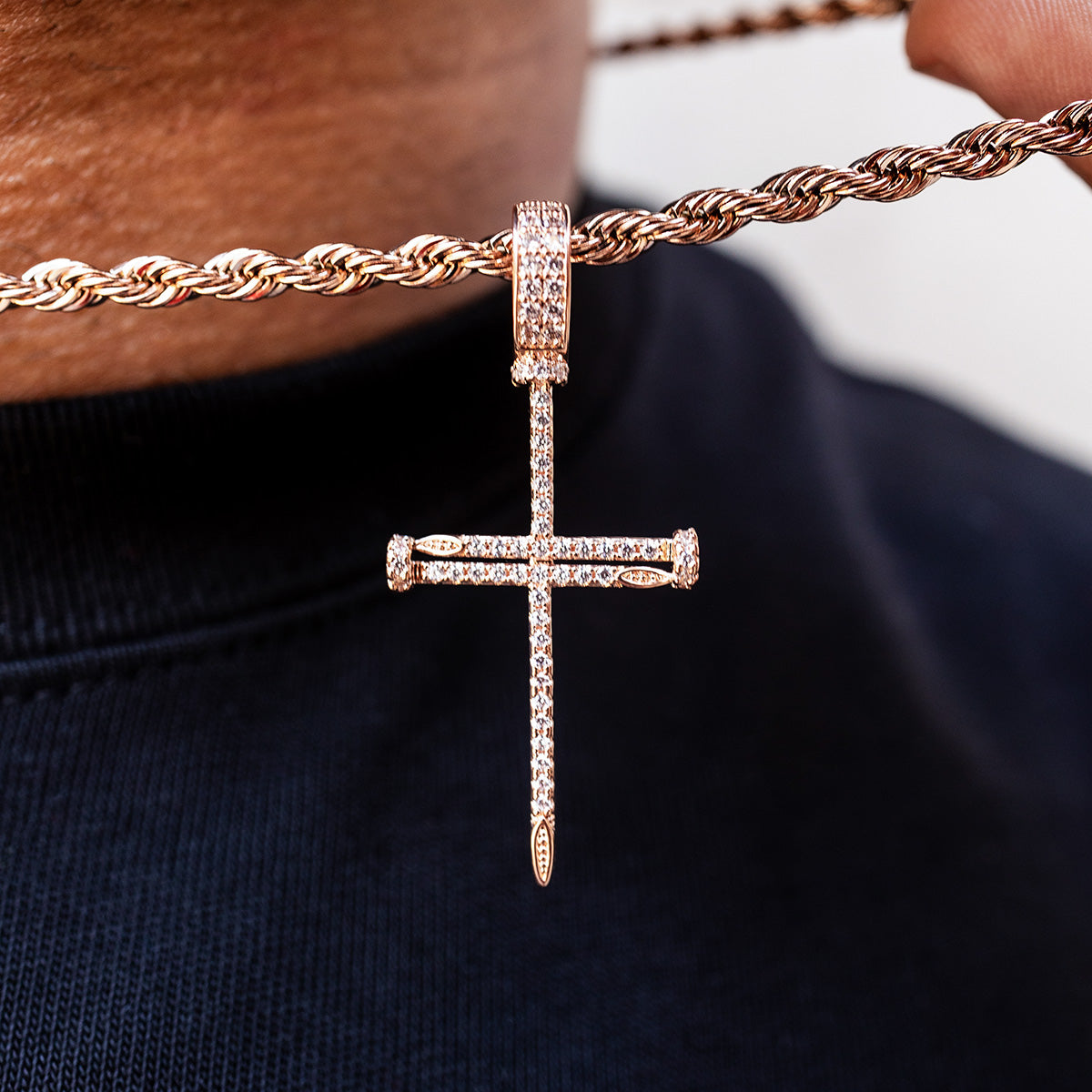 GLD PROMO Iced Nail Cross Pendant in Rose Gold