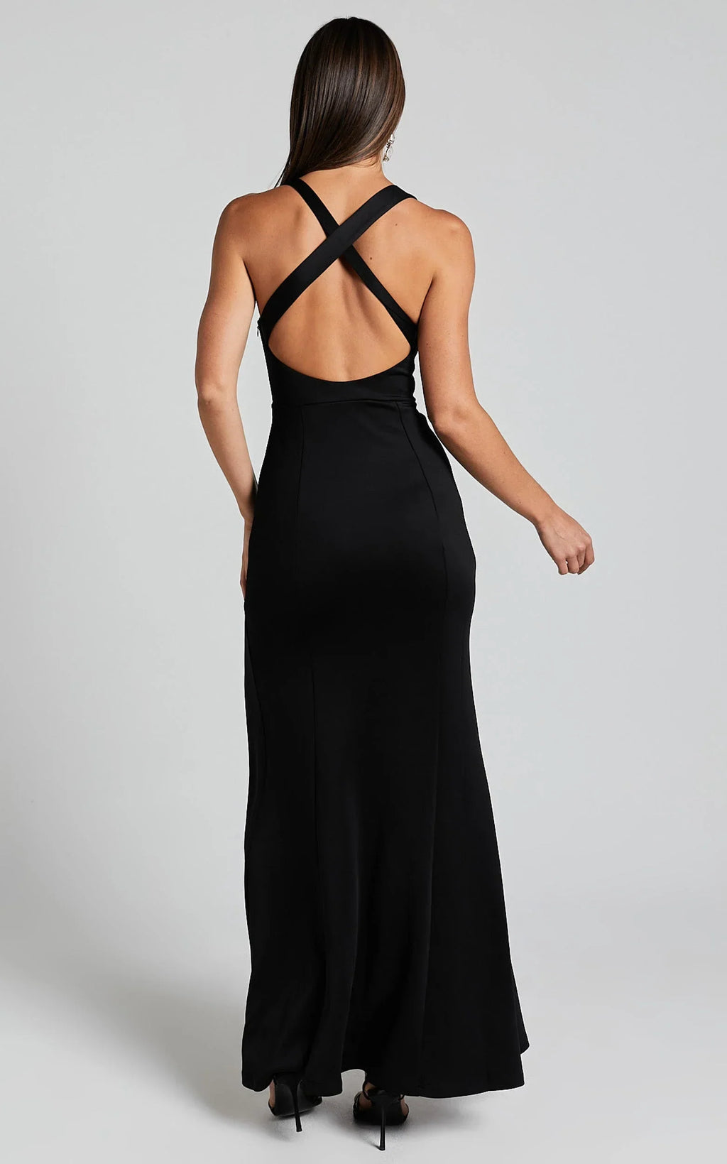 Lainie Maxi Dress - Straight Neck Thigh Split Cross Back in Black