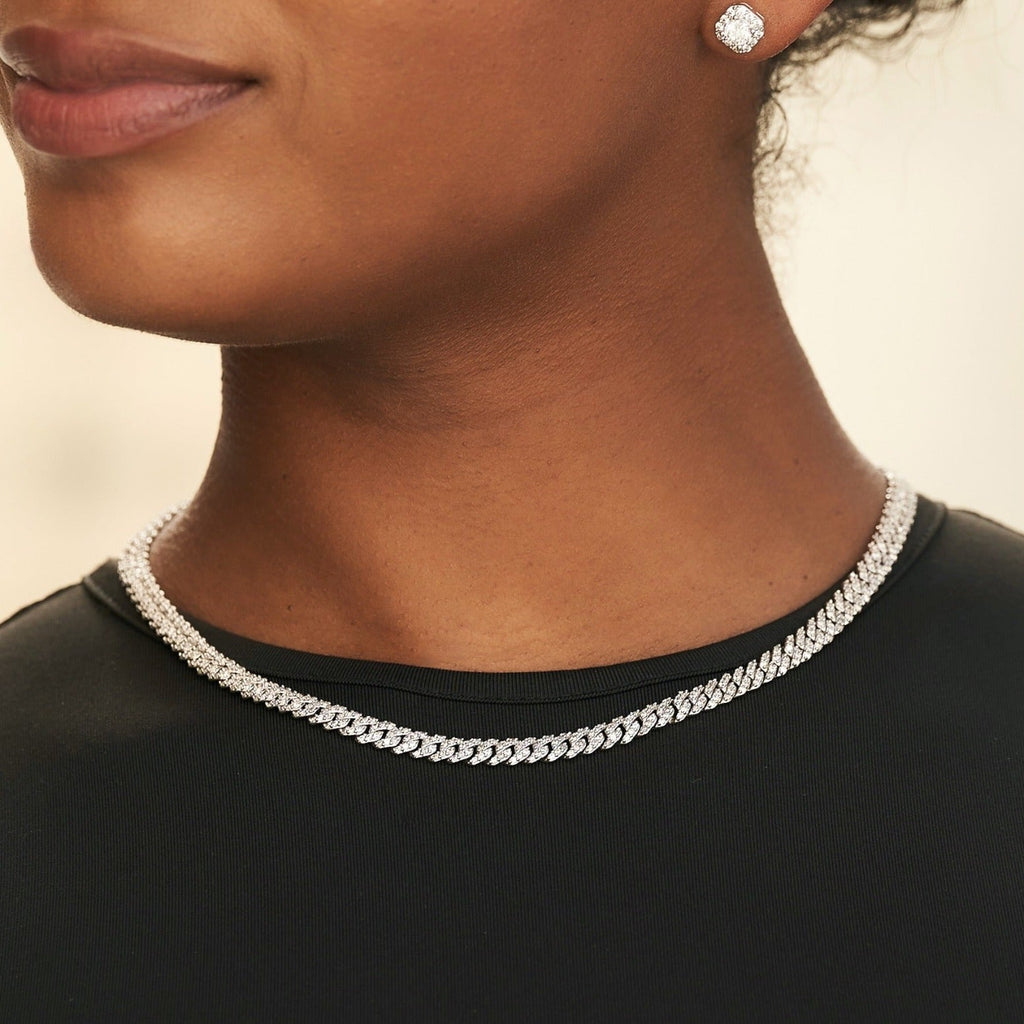 GLD Women Micro Diamond Prong Cuban Necklace in White Gold - 6mm