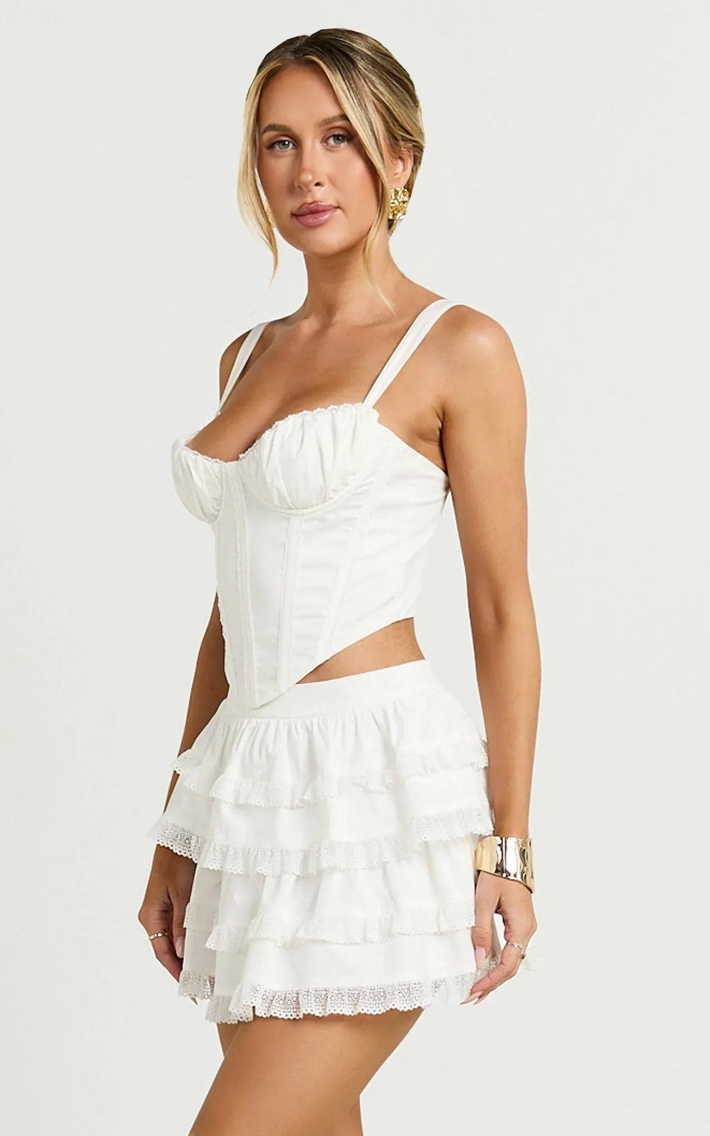 Pascal Mini Skirt - Lace Trim Tiered Skirt in Ivory