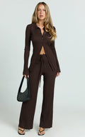 Kelsey Pants - High Drawstring Waist Knit Pants in Chocolate
