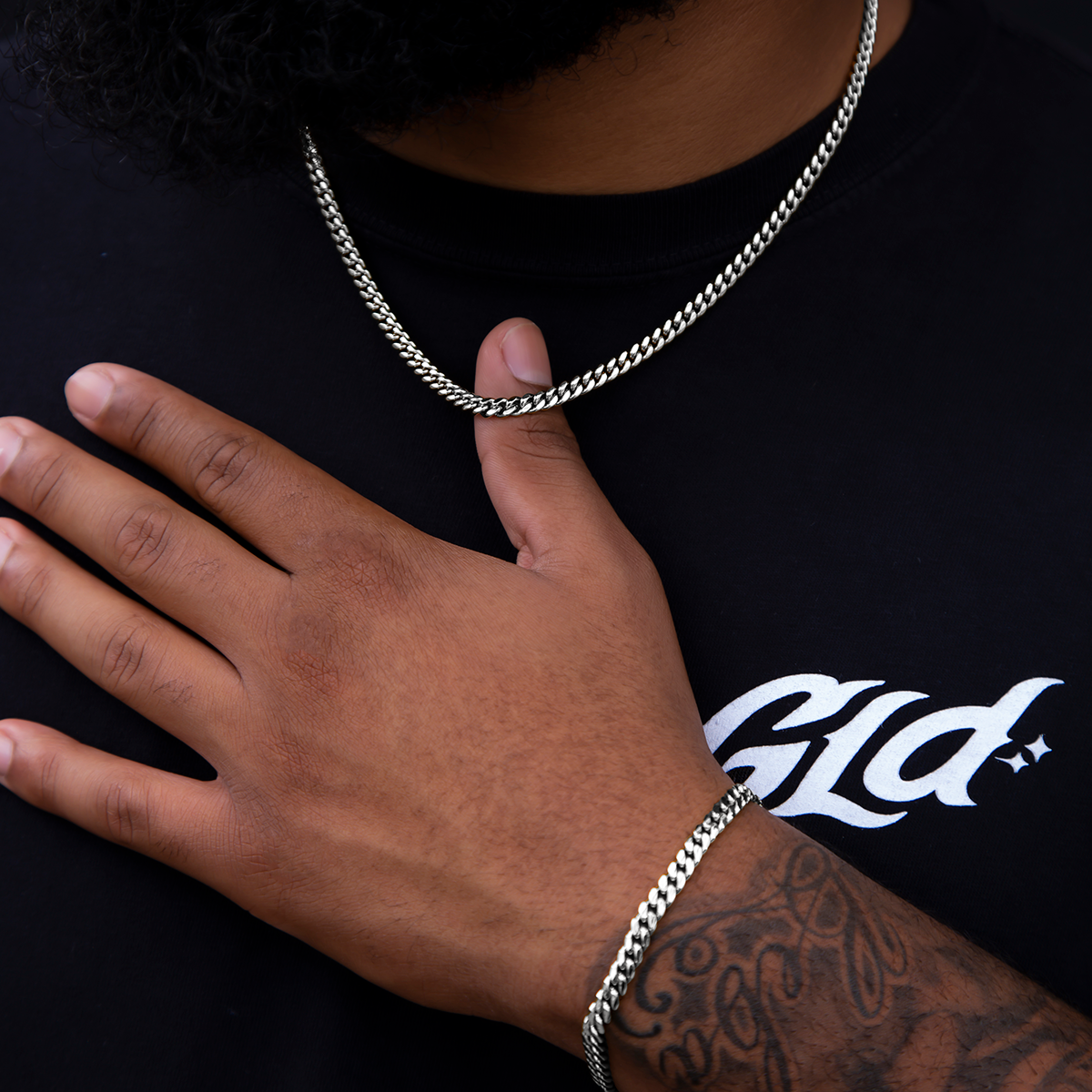 GLD Men 5mm Cuban Chain + Bracelet Bundle - White Gold