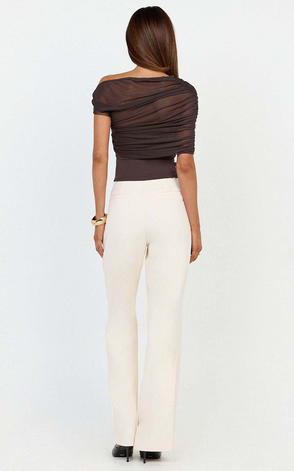 Sophia Top - Draped One Shoulder Mesh Overlay Top in Chocolate