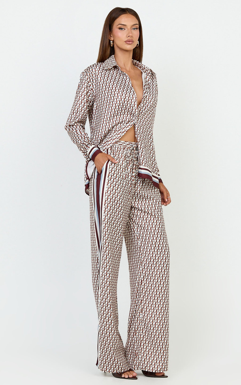 Noelle Top - Geo Border Print Button Front Long Sleeve Shirt in Multi