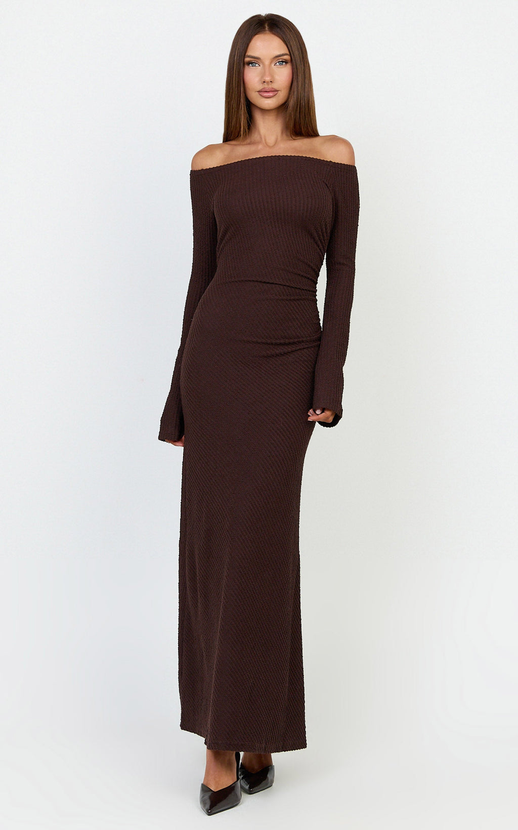 Ayla Maxi Dress - Off Shoulder Flared Sleeve Bodycon Dress in Chocolate