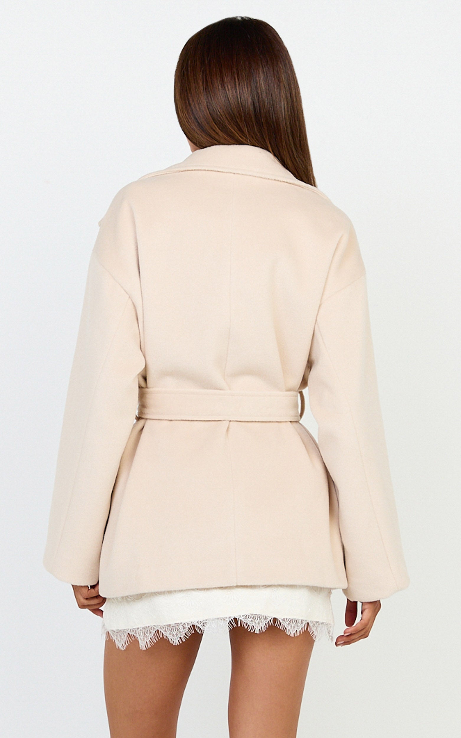 Dahlia Coat - Single Breasted Belted Short Wool Like Coat in Beige