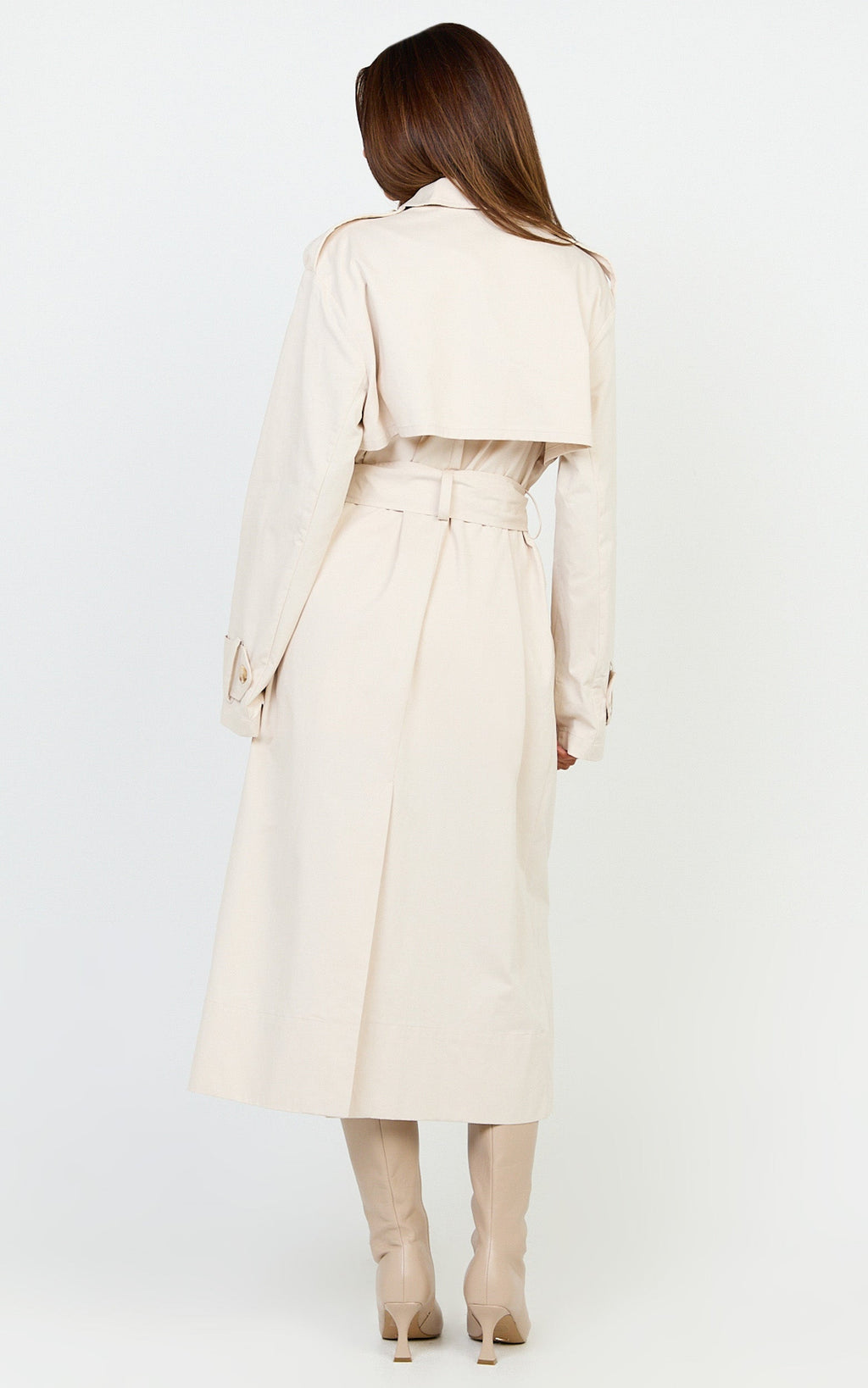 Isla Coat - Funnel Neck Double Breasted Longline Trench Coat in Stone