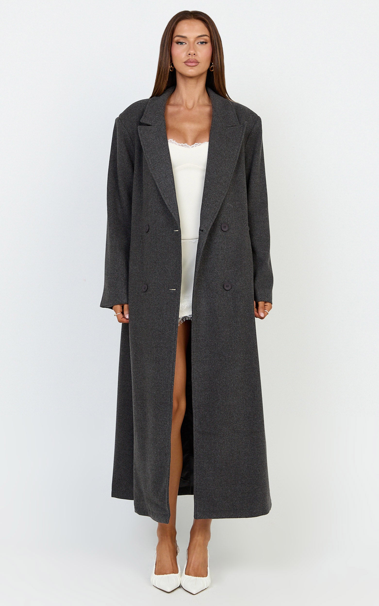 Eloise Coat - Oversized Longline Tailored Coat in Grey Marle