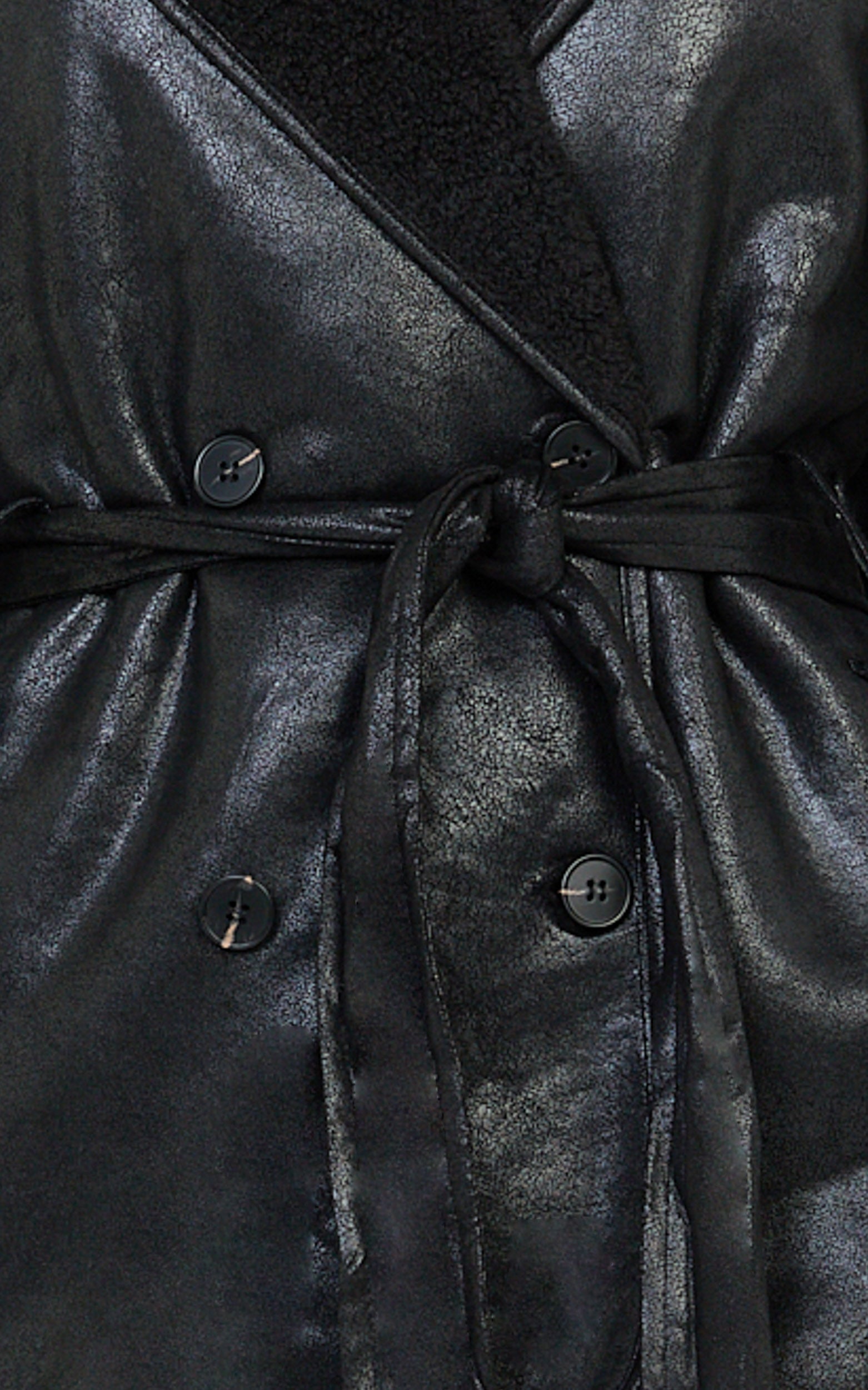 Esme Coat - Double Breasted Belted Faux Leather Faux Fur Lined Jacket in Black
