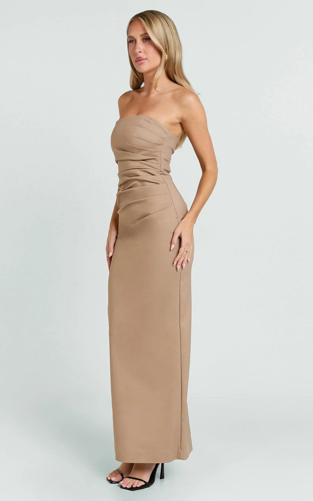Jamie Midi Dress - Strapless Ruched Fitted Column Dress in Mocha
