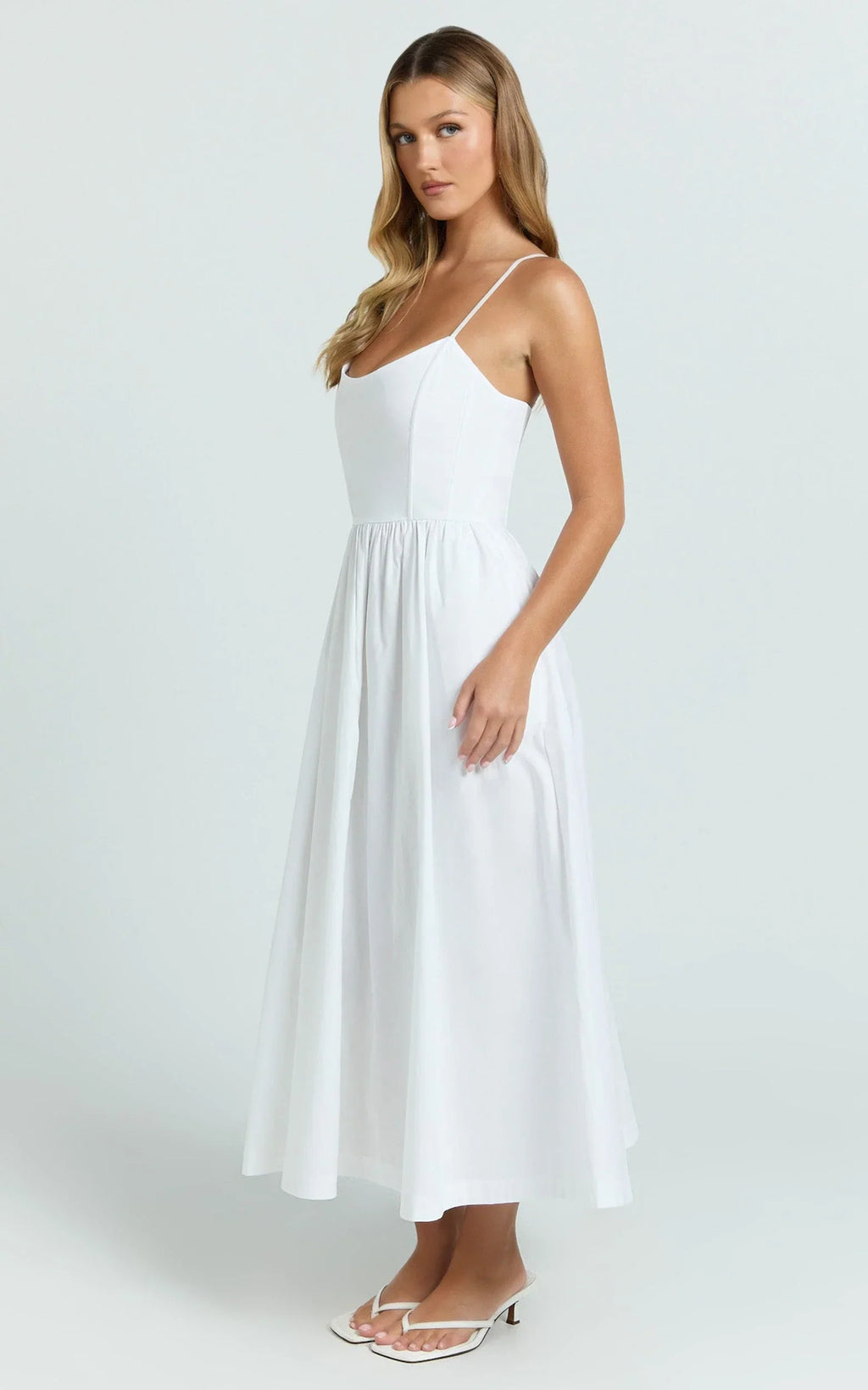 Braelyn Midi Dress - Scoop Neck Flare Dress in White