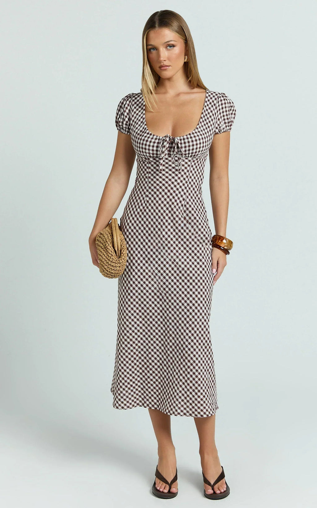 Bernice Midi Dress - Gingham Scoop Neck A Line Dress in Chocolate Gingham