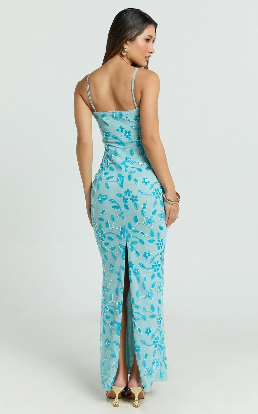 Robbie Maxi Dress - Strappy Scoop Neck Column Fitted Sequin Mesh Dress in Blue