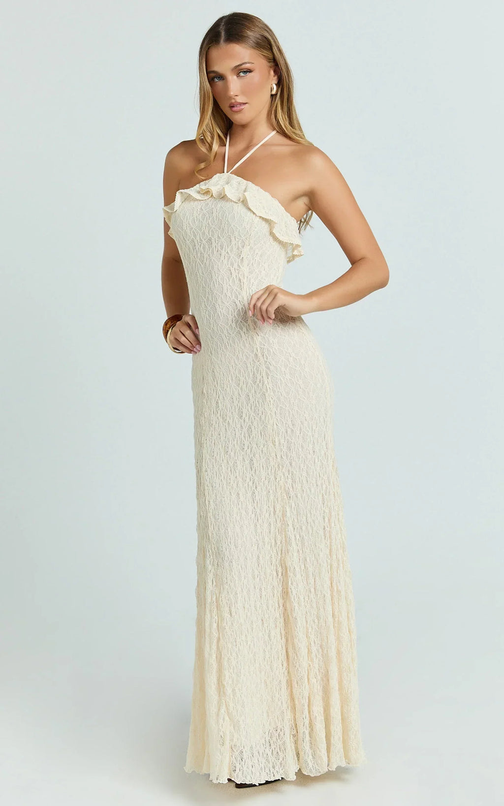Rhea Maxi Dress - Lace Ruffle Halter A Line Godet Dress in Cream