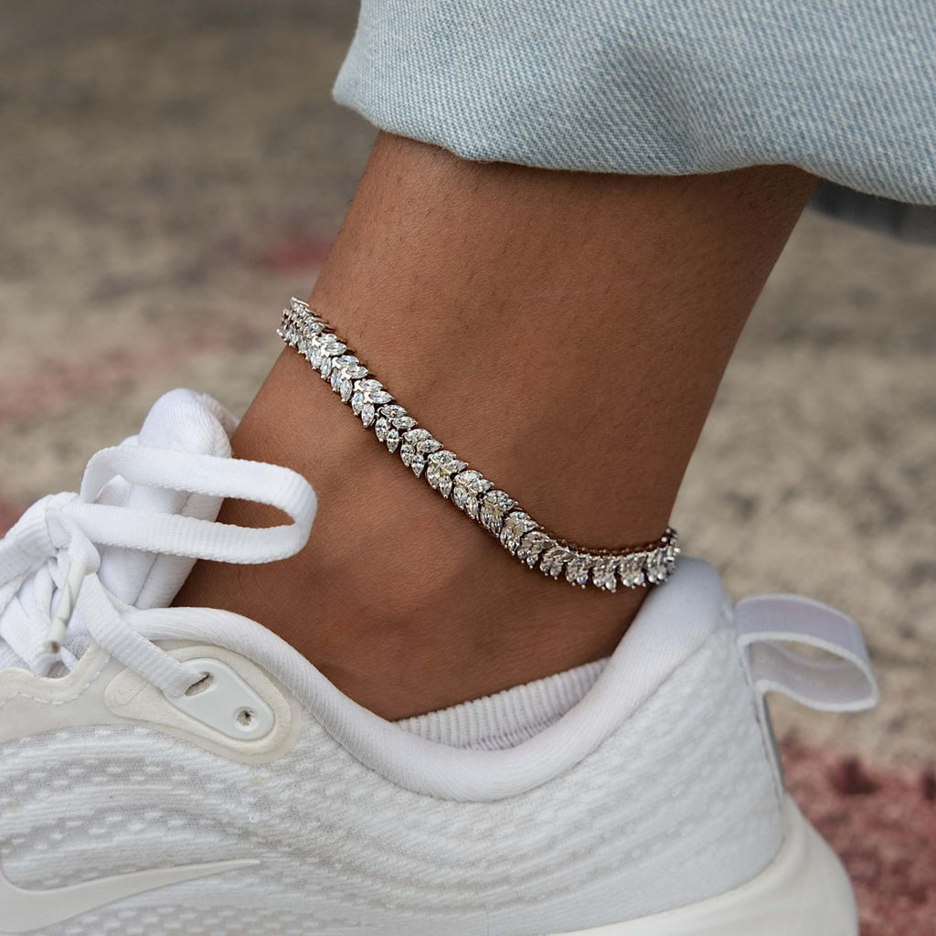GLD Women Diamond Herringbone Anklet in White Gold - 7mm