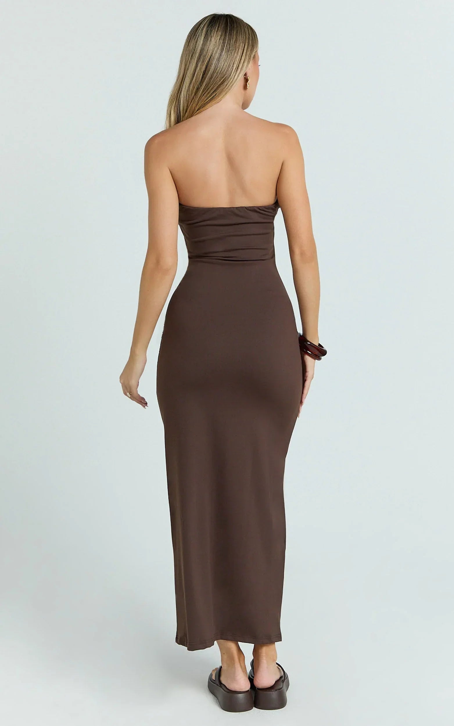Natasha Midi Dress - Strapless Ruched Column Dress in Chocolate