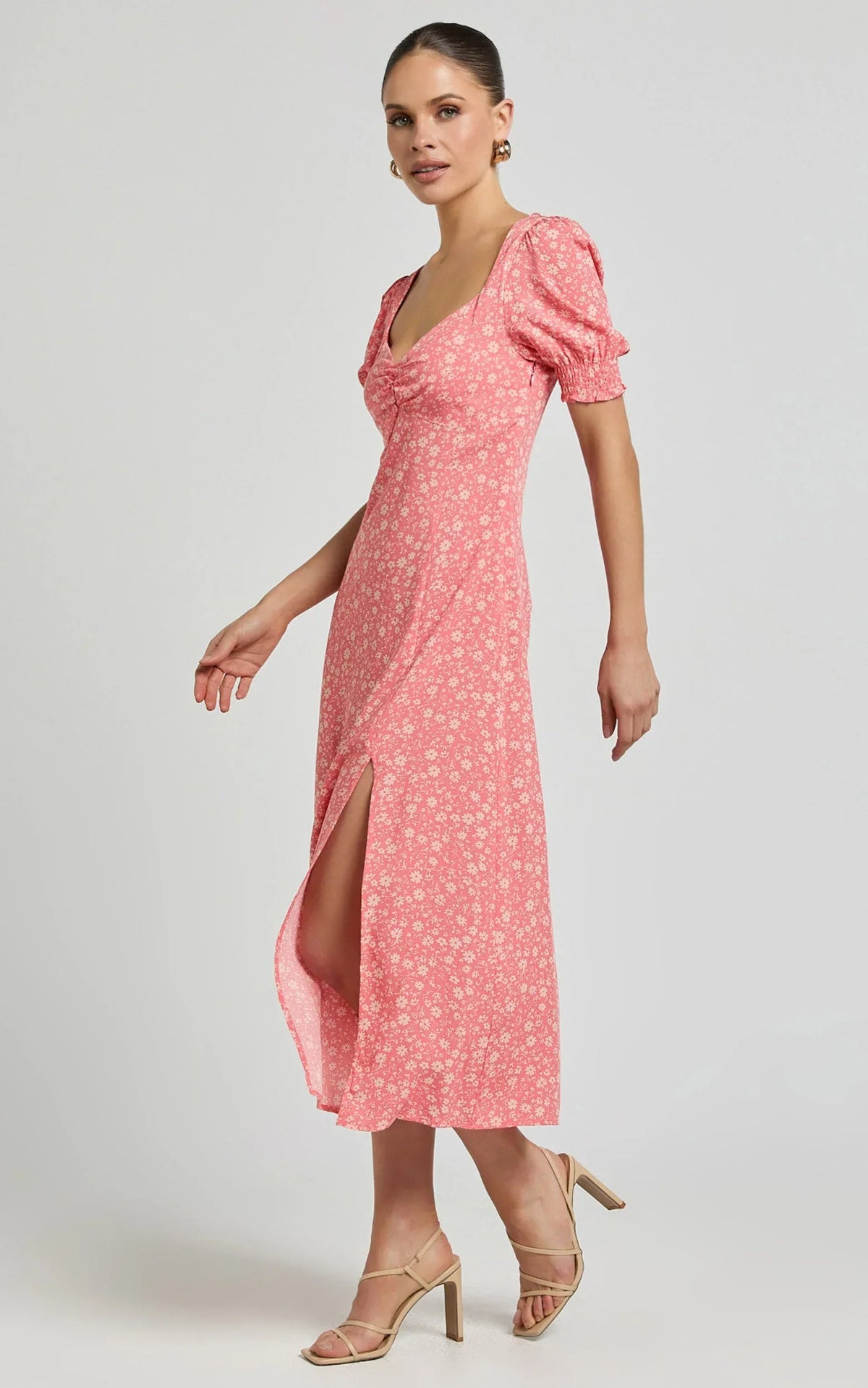 Marcel Midi Dress - Sweetheart Puff Sleeve Thigh Split Dress in Coral
