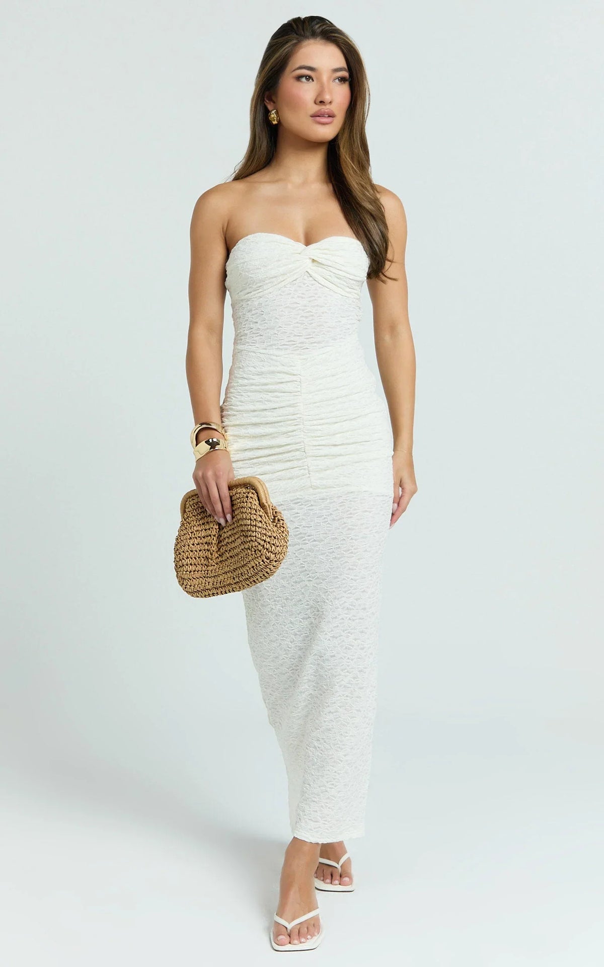 Francine Midi Dress - Strapless Twist Sheer Textured Jersey Dress in Cream