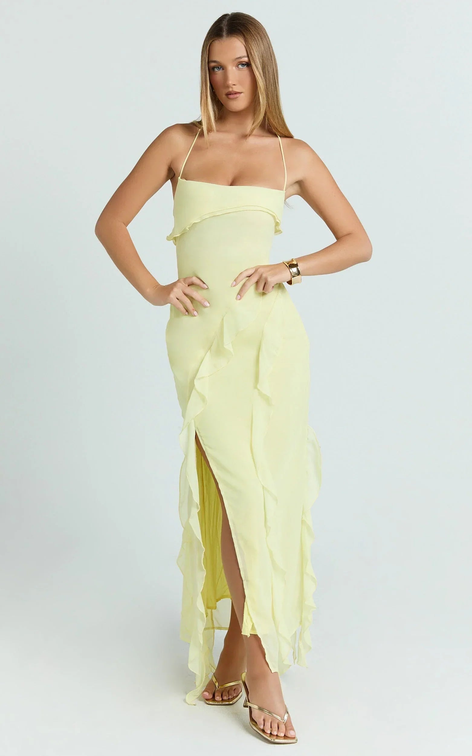 Connie Midi Dress - Ruffle Detail Dress in Lemon