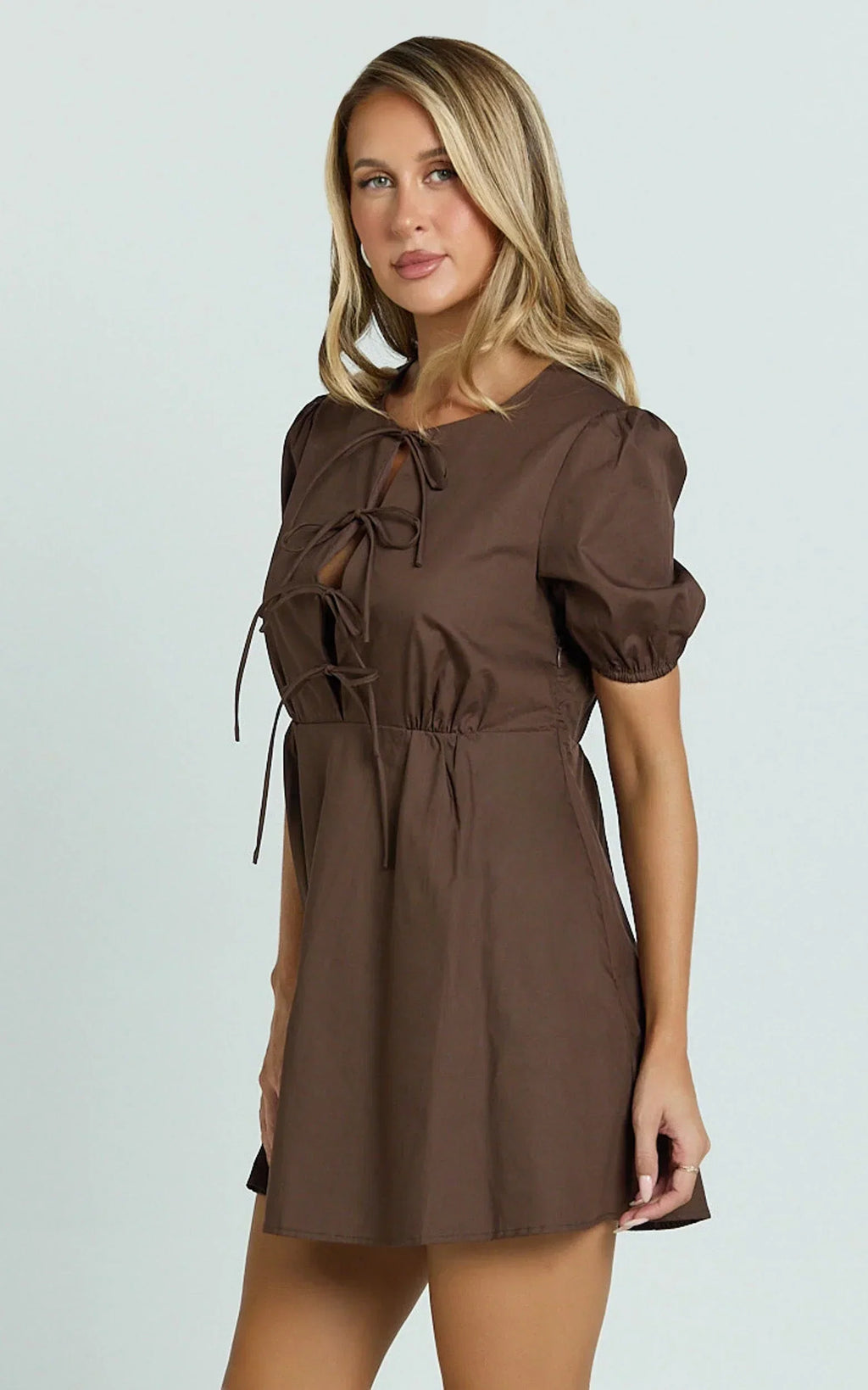 Hattie Mini Dress - Tie Front Puff Sleeve Dress in Chocolate