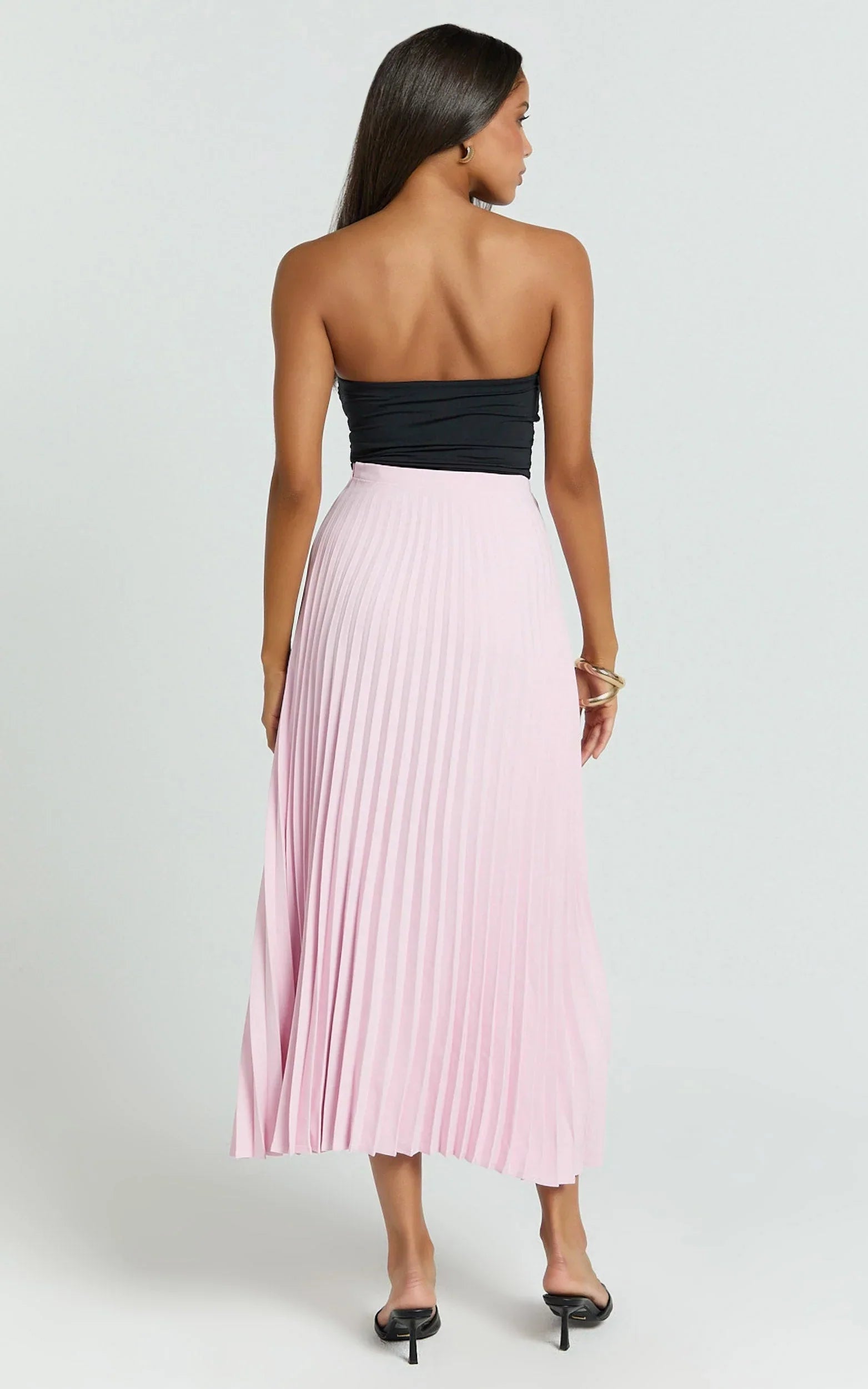 Harlee Midi Skirt - Pleated High Waist A Line Skirt in Baby Pink
