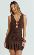 Reese Mini Dress - Key Hole Beaded Fit and Flare Dress in Chocolate