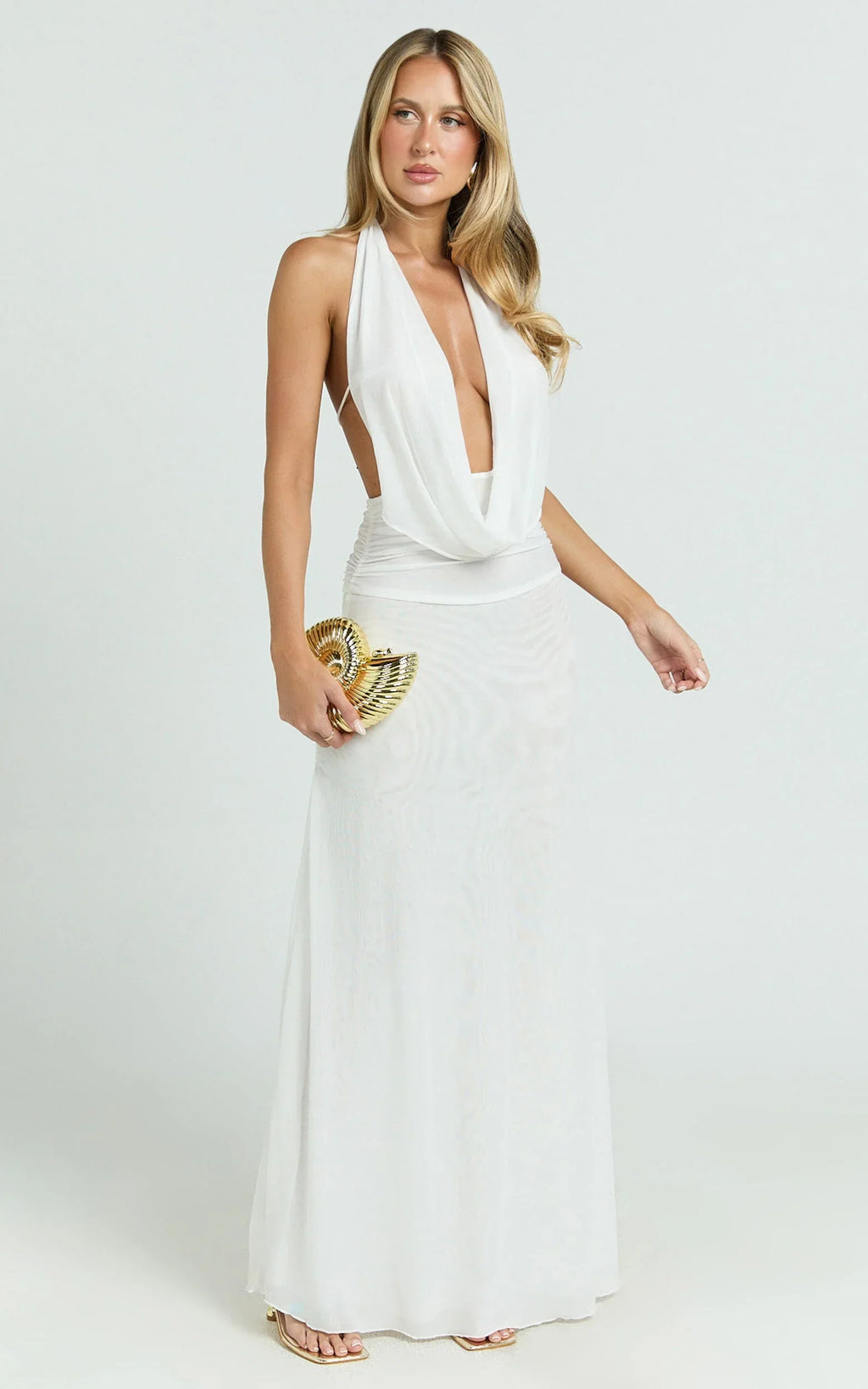 Bettina Maxi Dress - Low Cowl Neck Halter Bodycon Dress in Off White