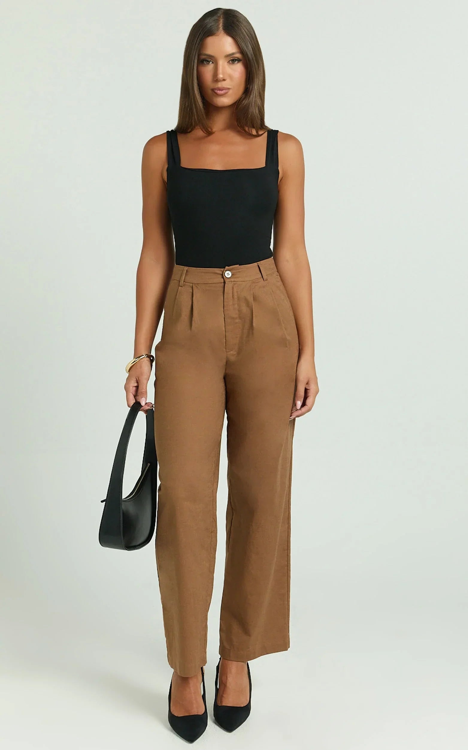 Celenia Linen Blend Pants - High Waisted Wide Leg Pants in Tobacco